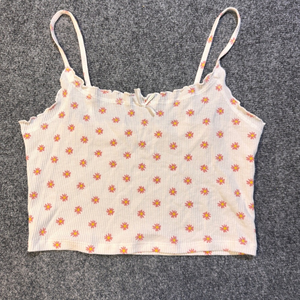 PacSun PacCares Cami Tank Top Wmns Large White Daisy Floral Waffle Knit Coquette